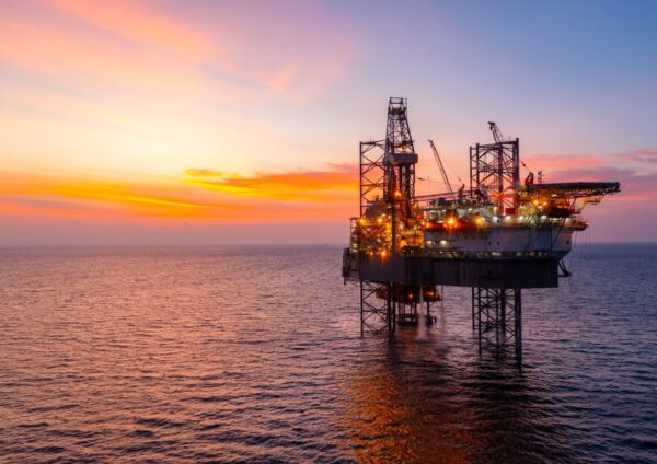 Aerial,View,Of,Silhouette,Offshore,Jack,Up,Drilling,Rig,During
